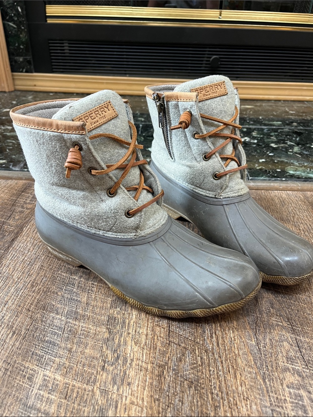 Sperry Gray Wool and Tan Accent Duck Boots